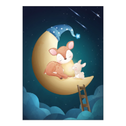 Ansichtkaartje | hertje en konijn op maan