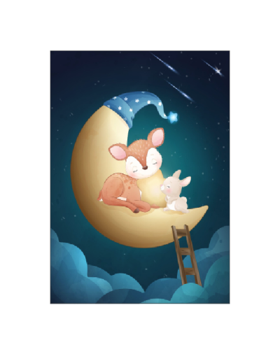 Ansichtkaartje | hertje en konijn op maan