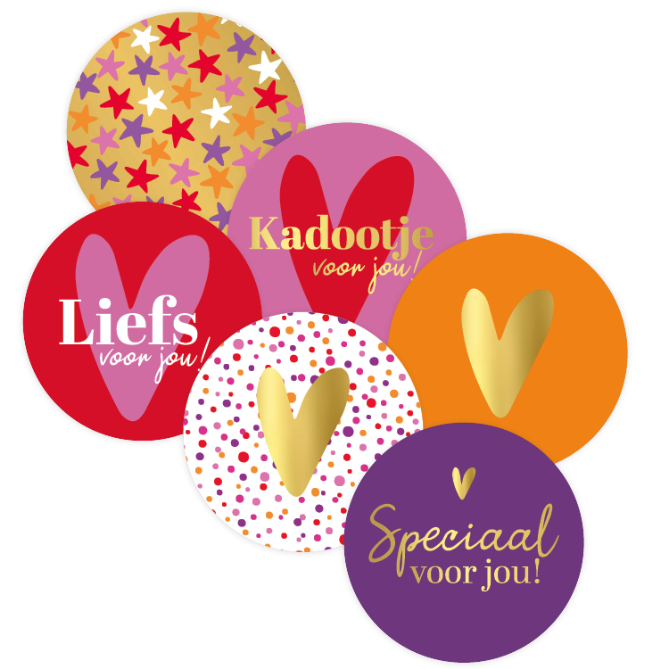inpakkenisleuk-stickers-d40mm-rond-met-hart-div-kleuren-6-assorti Kado Stickers | Liefs voor jou, kadootje varia (12stuks) - Afbeelding 1