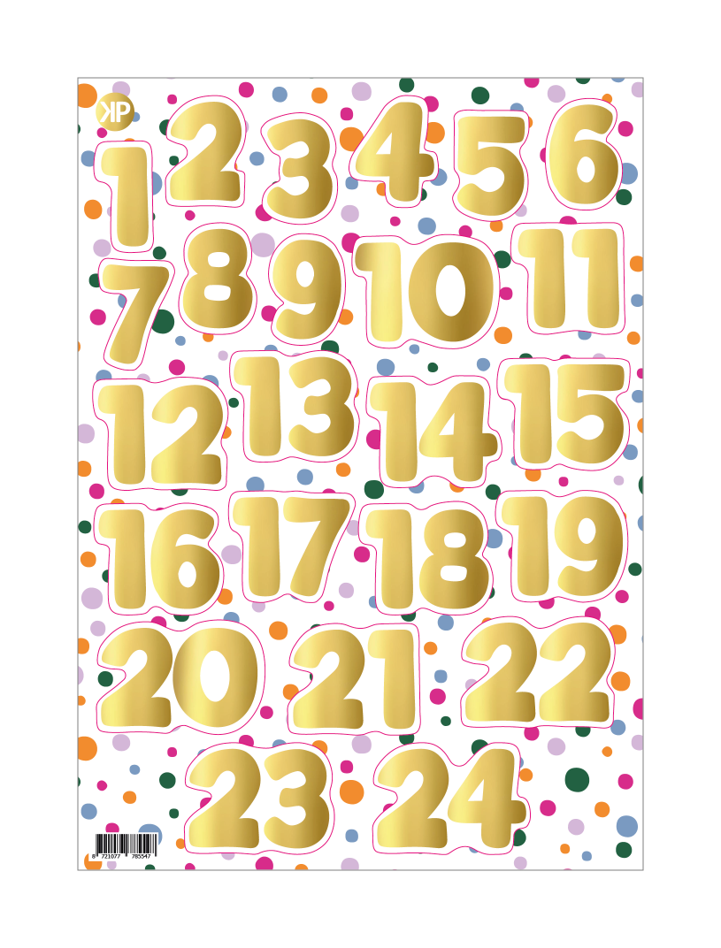 cijfers-1-24-confetti-feest Stickervel | Advents stickers Confetti A4 (vel 24 stuks) - Afbeelding 1