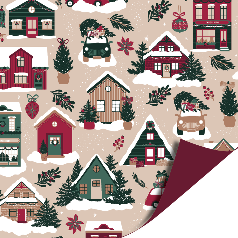 kersthuisjes Kadopapier | Kersthuisjes - Beige Rood (30cmx3m) - Afbeelding 1